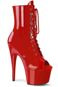 Pleaser USA Adore-1021 7inch Pleaser Peep Toe Boots - Patent Red