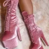 Hella Heels BabyDoll Velvet 7inch Boots - Downtown Doll