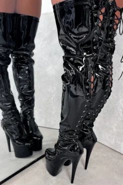 Hella Heels LipKit Thicc Thigh High Back Lace 7inch Boots - Black Beatle -Radi Style Shop BlackBeatleThiccThighHigh 7INCH2