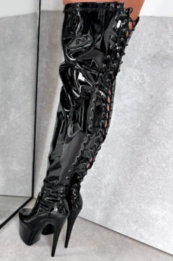 Hella Heels LipKit Thigh High Back Lace 7inch Boots - Black Beatle -Radi Style Shop BlackBeatleThighHigh 7INCH2