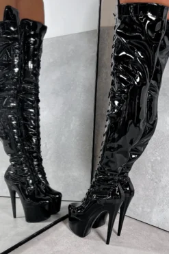 Hella Heels LipKit Thigh High Front Lace 7inch Boots - Black Beatle -Radi Style Shop BlackBeatleThighHighFrontLace 7INCH2