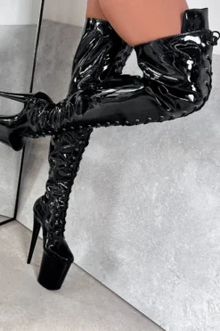 Hella Heels LipKit Thigh High Front Lace 8inch Boots - Black Beatle -Radi Style Shop BlackBeatleThighHighFrontLace 8INCH4