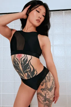 CXIX Silhouette High Waist Bottoms - Black With Black Mesh -Radi Style Shop Black CXIX Silhouette Mesh sports bra high rise poledance polewear dance
