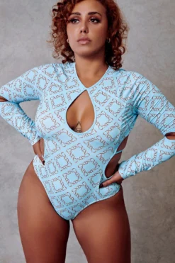 CXIX 119 Plunge Bodysuit - Blue Print -Radi Style Shop Bodysuit CXIX 119 Dancewear Blue Pole