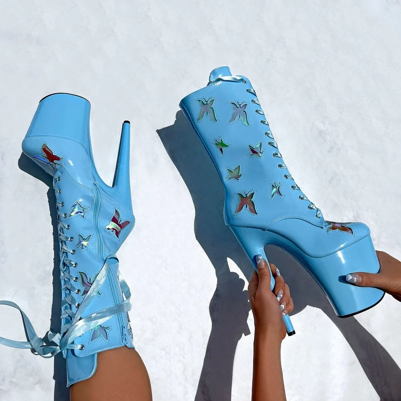 Hella Heels Butterfly 8inch Boots - Baby Blue 5 Hella Heels Butterfly 8inch Boots - Baby Blue - Image 5