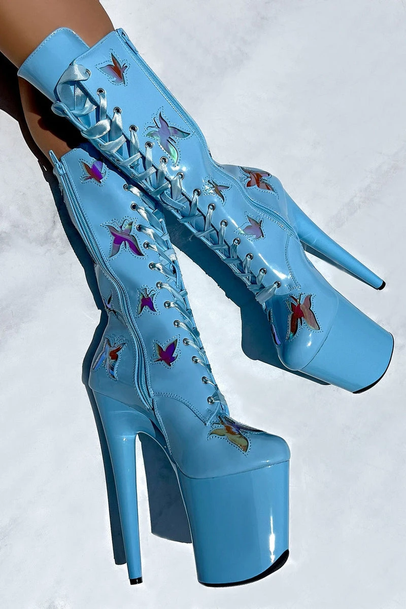 Hella Heels Butterfly 8inch Boots - Baby Blue 1 Hella Heels Butterfly 8inch Boots - Baby Blue