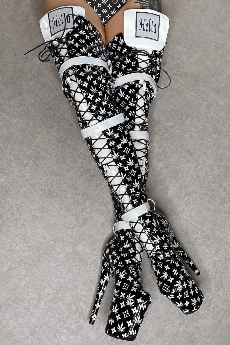 Hella Heels Branded Thigh High 8inch Boots - Black 2 Hella Heels Branded Thigh High 8inch Boots - Black - Image 2