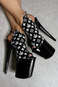 Hella Heels Branded Shield 8inch Stilettos - Black/Black