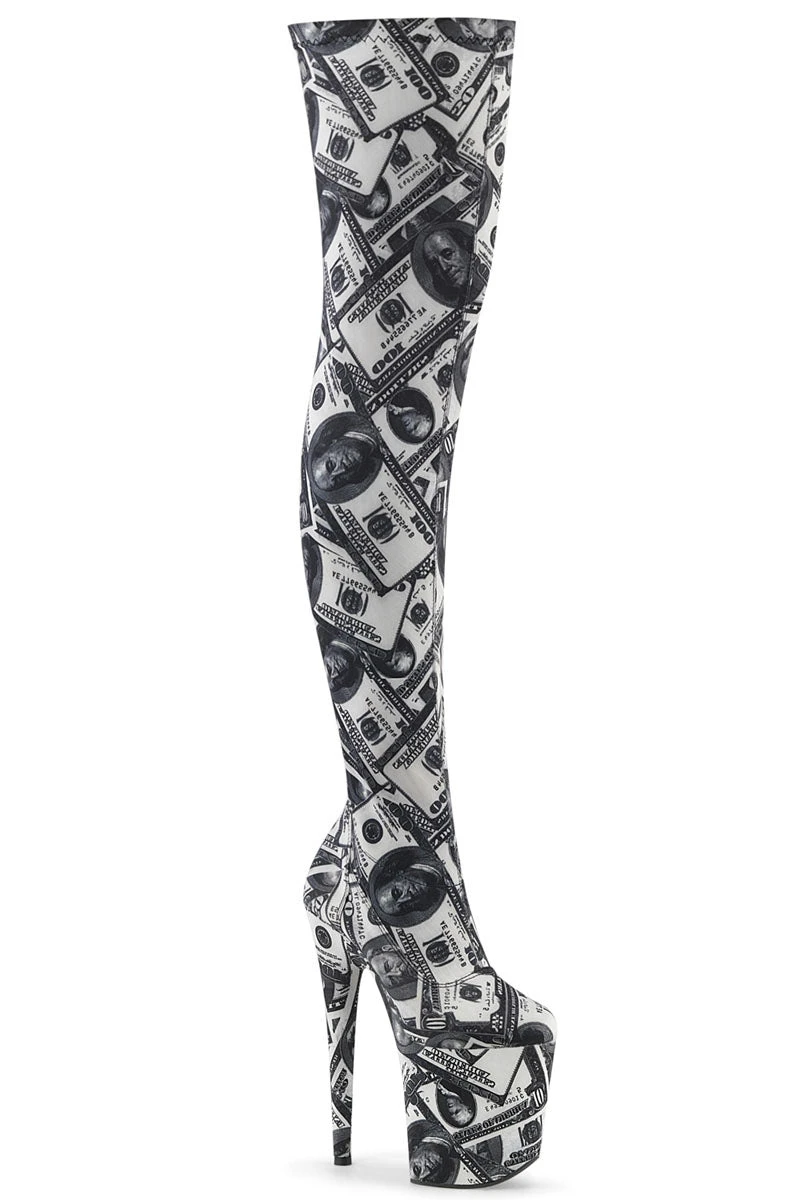 Pleaser USA Flamingo-3000DP 8inch Thigh High Pleaser Boots - Money Print 1 Pleaser USA Flamingo-3000DP 8inch Thigh High Pleaser Boots - Money Print