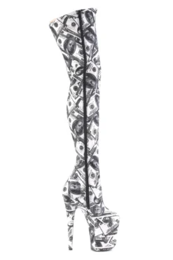 Pleaser USA Flamingo-3000DP 8inch Thigh High Pleaser Boots - Money Print -Radi Style Shop FLAM3000DP W BFA MSide2