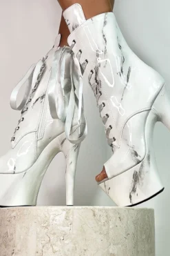 Hella Heels Renaissance Open Toe 7inch Boots - Faith -Radi Style Shop Faith Open Toe 7 inch White Marble platform shoes