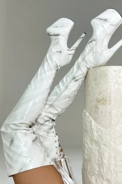 Hella Heels Renaissance Slim Thigh High 8inch Boots - Faith -Radi Style Shop Faith White Marble Slim Thigh High Pole Dance Shoes 8