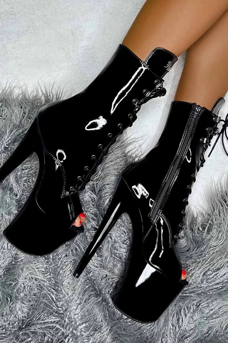 Hella Heels LipKit Open Toe 8inch Boots - Black Beatles 7 Hella Heels LipKit Open Toe 8inch Boots - Black Beatles - Image 7