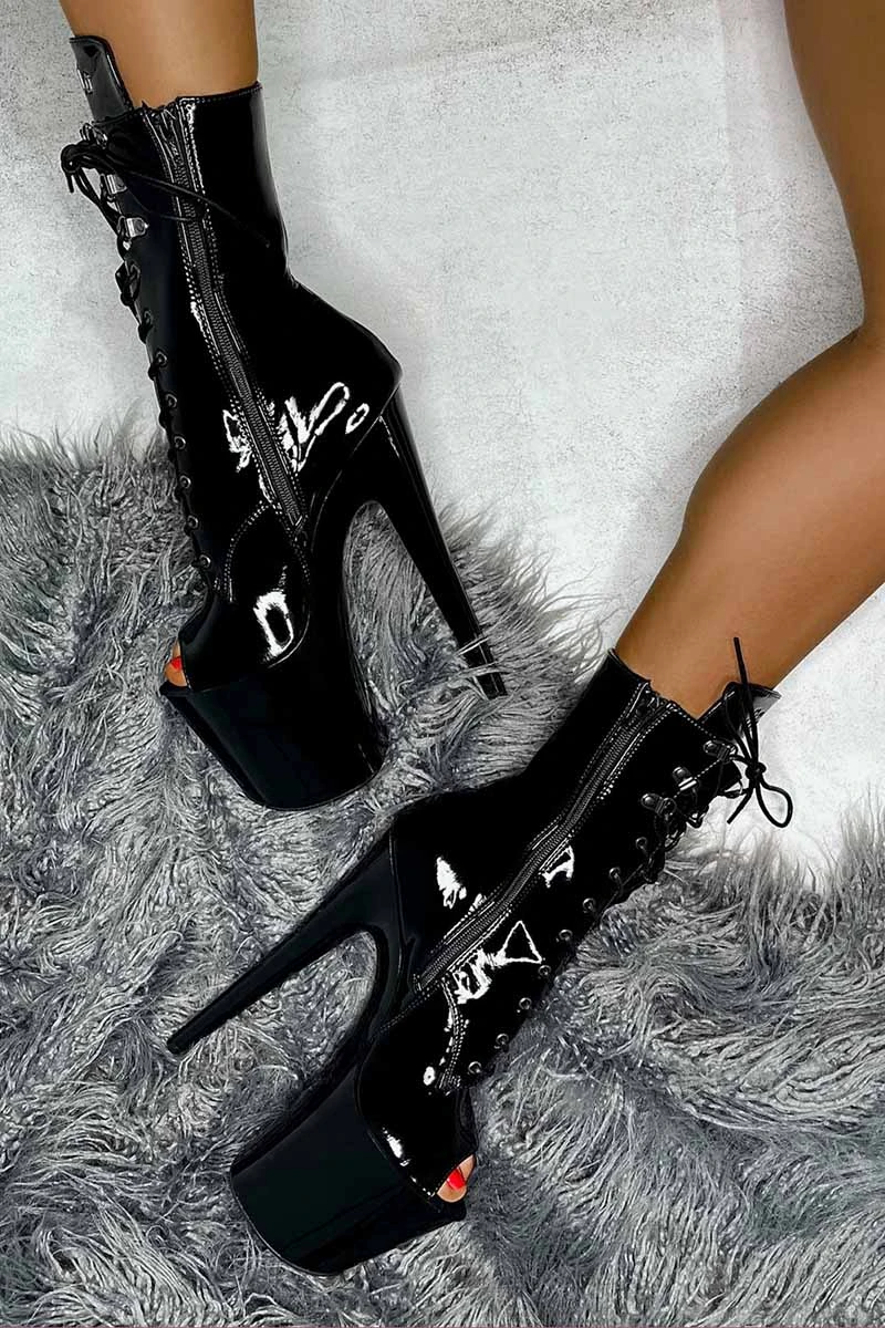 Hella Heels LipKit Open Toe 8inch Boots - Black Beatles 2 Hella Heels LipKit Open Toe 8inch Boots - Black Beatles - Image 2