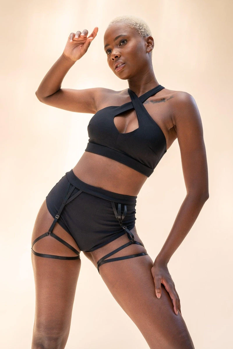 Lunalae Olivia High Waisted Garter Shorts - Recycled Black 1 Lunalae Olivia High Waisted Garter Shorts - Recycled Black