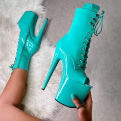 Hella Heels LipKit Open Toe 8inch Boots - Minted -Radi Style Shop Minted8InchOpenTieCloseUp