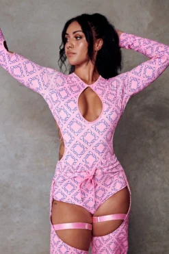 CXIX 119 Plunge Bodysuit - Pink Print -Radi Style Shop Monogram Pink with Pattern One Piece Polewear