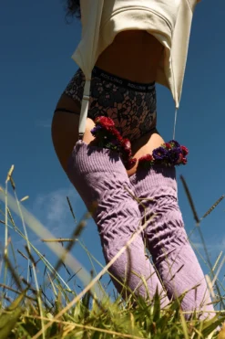 Rolling Cable Knit Thigh High Leg Warmers With Stirrups - Lavender -Radi Style Shop Rolling 2035
