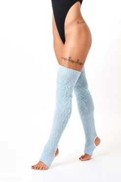 Rolling Cable Knit Thigh High Leg Warmers With Stirrups - Ocean
