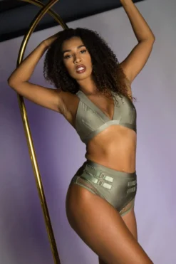 Tatiana Activewear Isla Shorts - Shiny Khaki -Radi Style Shop Tatiana Active Isla Shiny Khaki High Waisted Mesh Low Cut Pole Wear Set 2 3