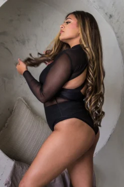 Tatiana Activewear Magnus Long Sleeve Bodysuit - Black Mesh -Radi Style Shop TatianaActive BlackMockNeckMeshLongSleeveBacklessHighCutBodysuit 3731