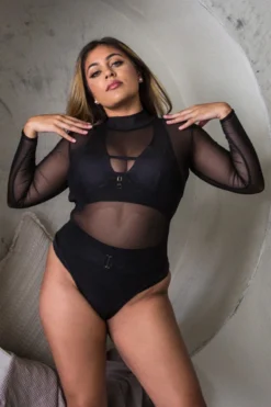 Tatiana Activewear Magnus Long Sleeve Bodysuit - Black Mesh -Radi Style Shop TatianaActive BlackMockNeckMeshLongSleeveBacklessHighCutBodysuit 3773