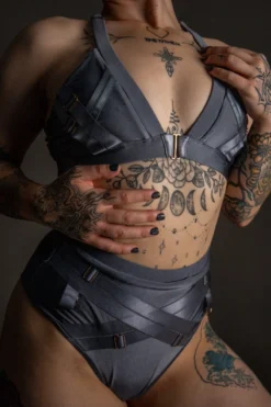 Tatiana Activewear Faye Top - Shiny Gunmetal -Radi Style Shop TatianaActive FayeGunmetalGreyBlueMetallicHighWaistedPoleWearDancingSet 5935