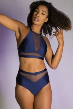 Tatiana Activewear Lucia Top - Shiny Navy 7 Tatiana Activewear Lucia Top - Shiny Navy -Radi Style Shop TatianaActive LuciaShinyNavyHighWaistedHalterNeckMeshPoleWearSet 4162
