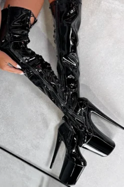 Hella Heels LipKit Thigh High Back Lace 9inch Boots - Black Beatle -Radi Style Shop ThighHigh BlackBeatle 9INCH5