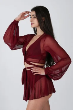 REV ACTIV Mesh Wrap Blouse - Wine 8 REV ACTIV Mesh Wrap Blouse - Wine -Radi Style Shop wine mesh set pleasure skirt blouse 2 1